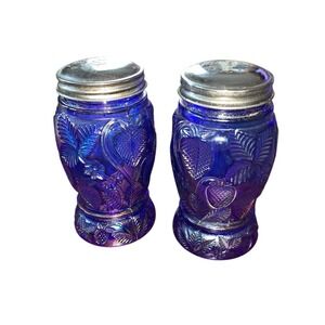 Vtg Large Cobalt Blue Embossed Glass Strawberry Flowers Salt & Pepper Shakers